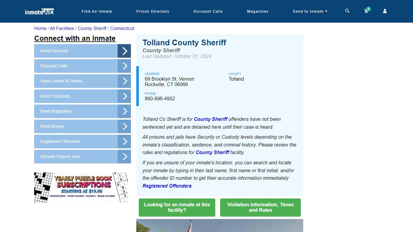 Tolland County Sheriff & Arrest Search - InmateAid