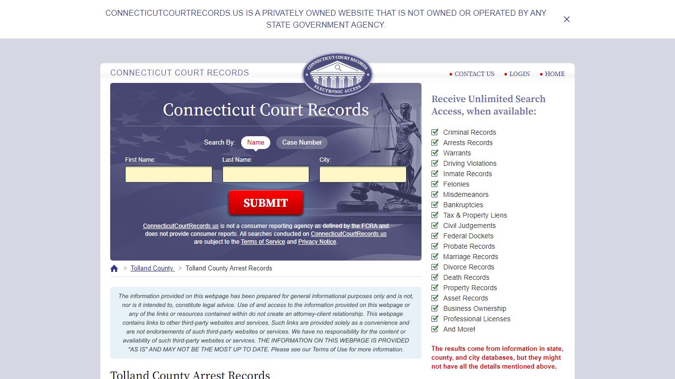 Tolland County Arrest Records | ConnecticutCourtRecords.us